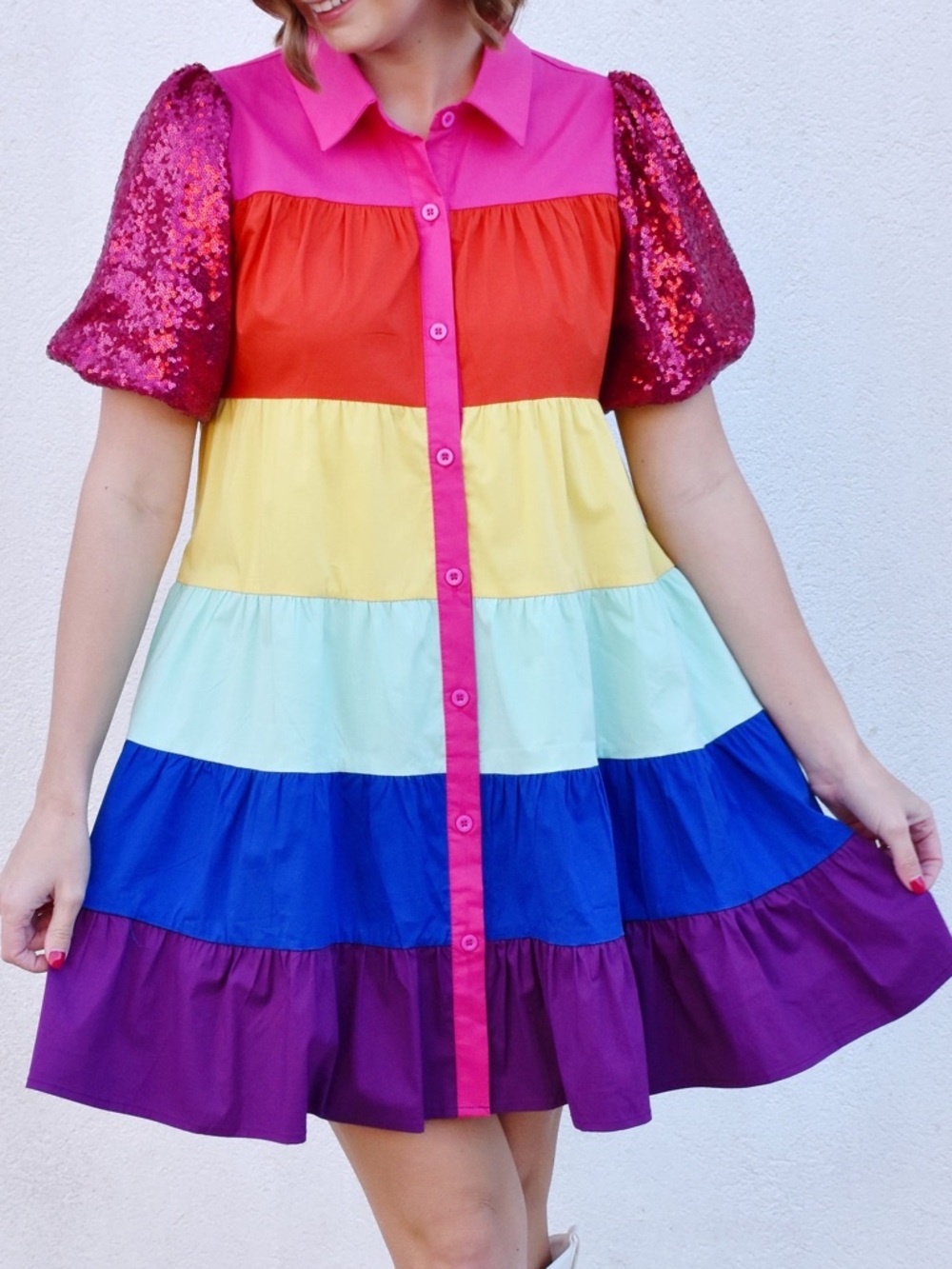 Blue B COLLECTION Small Baby Doll Button Front Rainbow Dress Sequin Sleeves NWT